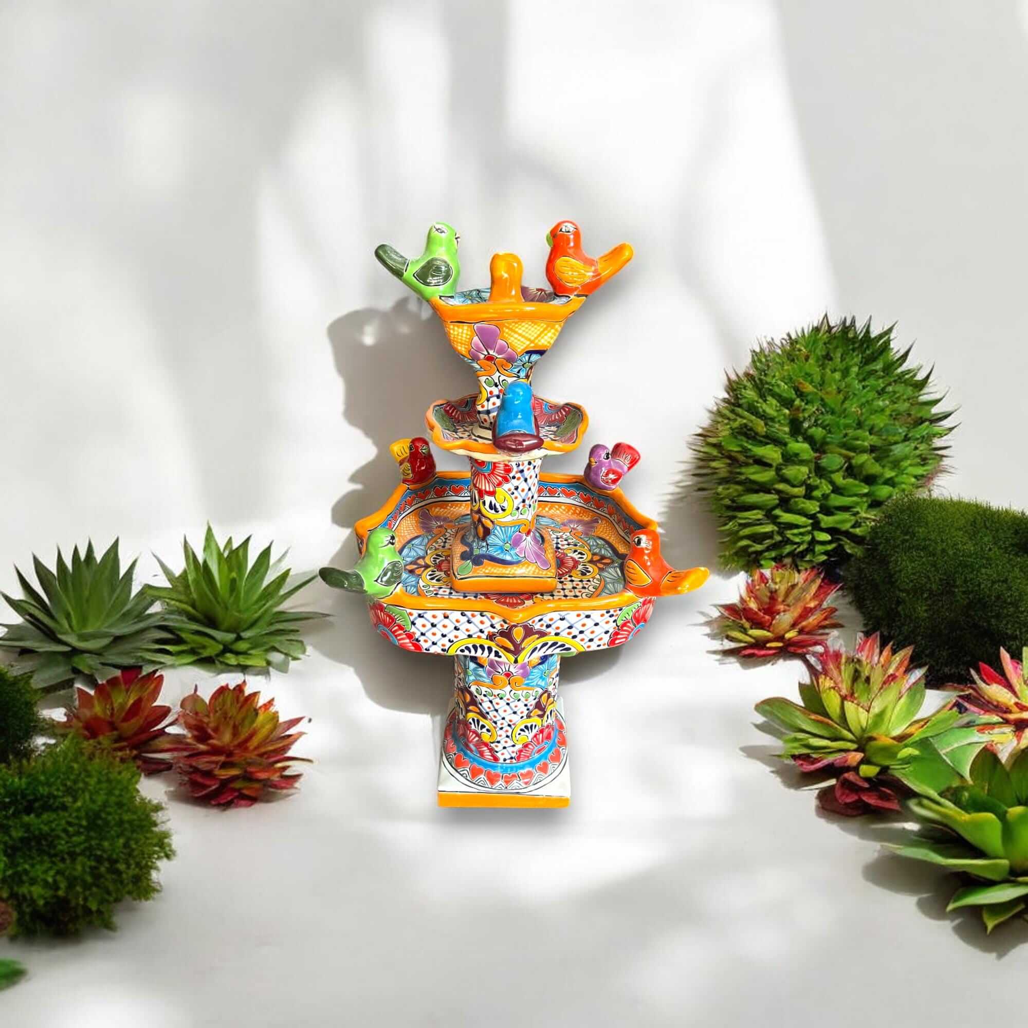Handmade Talavera Bird Fountain | Outdoor Water Fountain (27” Tall