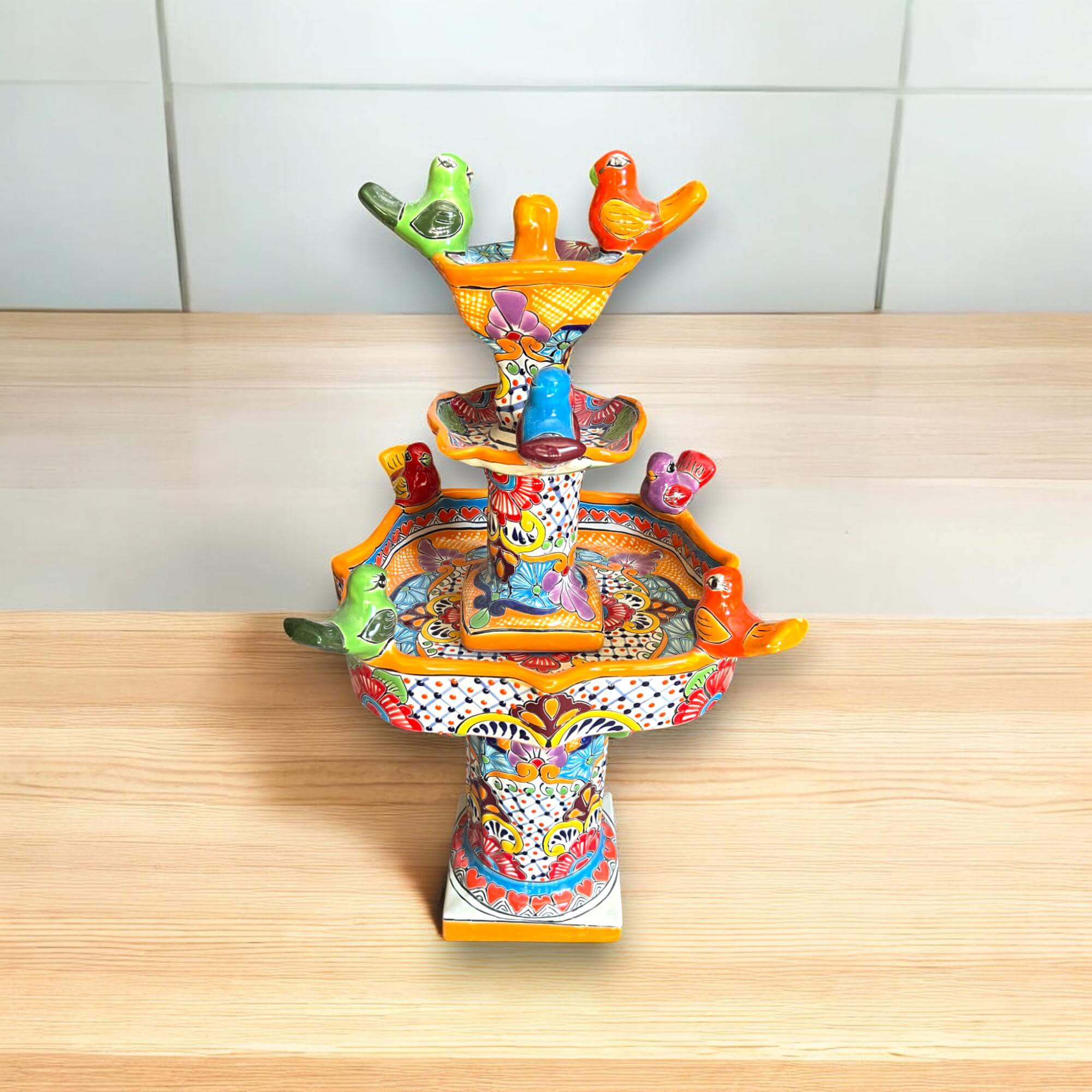 Handmade Talavera Bird Fountain | Outdoor Water Fountain (27” Tall