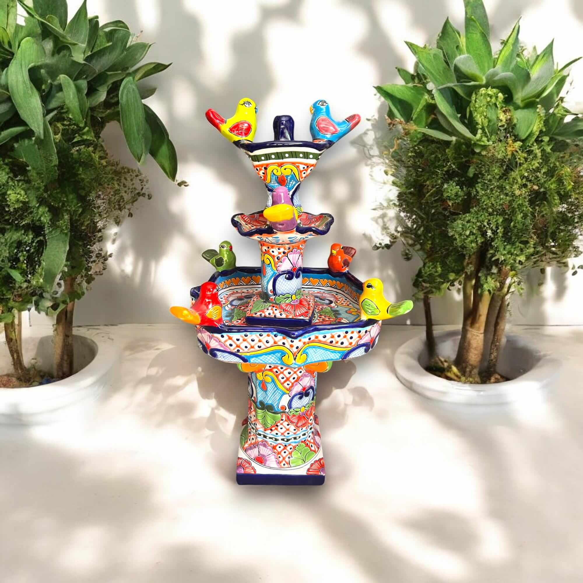 Handmade Talavera Bird Fountain | Outdoor Water Fountain (27” Tall