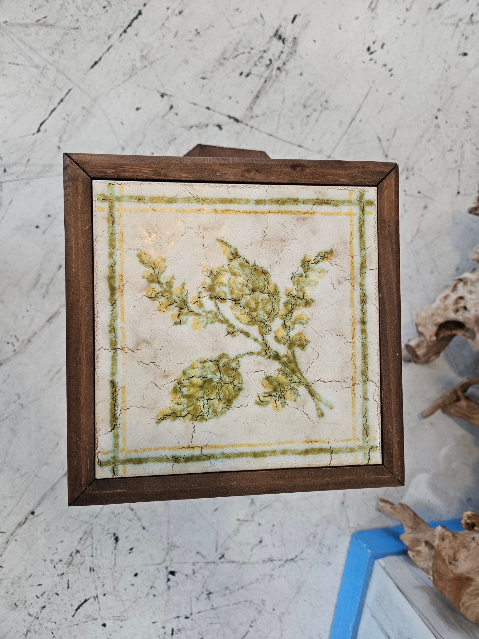 Vintage Wooden Plant Stand with Ceramic Tile Top – 27.5" x 17.5" x 9.5